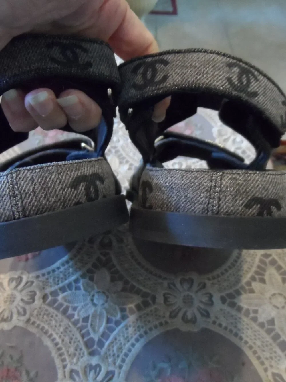 New Chanel Gray Signature Jacquard Grandpa Sandals Size 38.5B